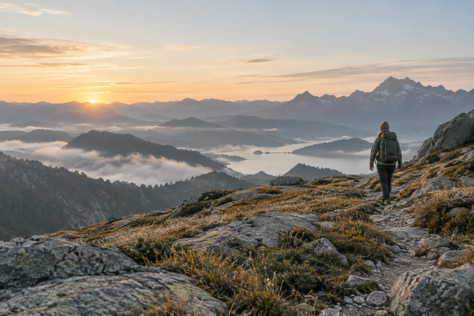 Wandernde Person mit olivgrünem Rucksack auf einem Bergpfad bei Sonnenaufgang