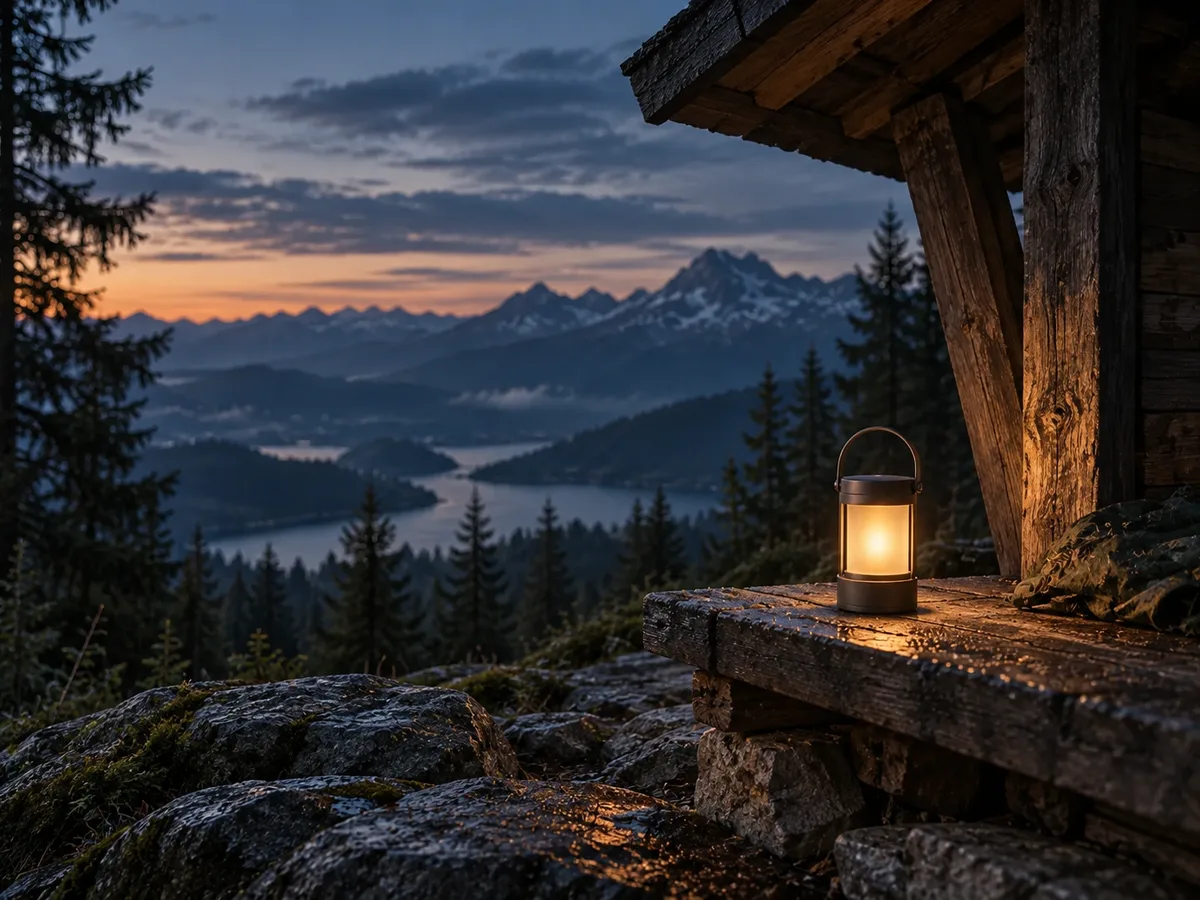 Warme Campingleuchte an einer Berghütte in der blauen Stunde