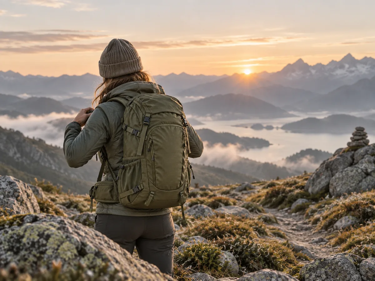 Wanderin mit olivgrünem Rucksack auf einem alpinen Pfad im Morgenlicht