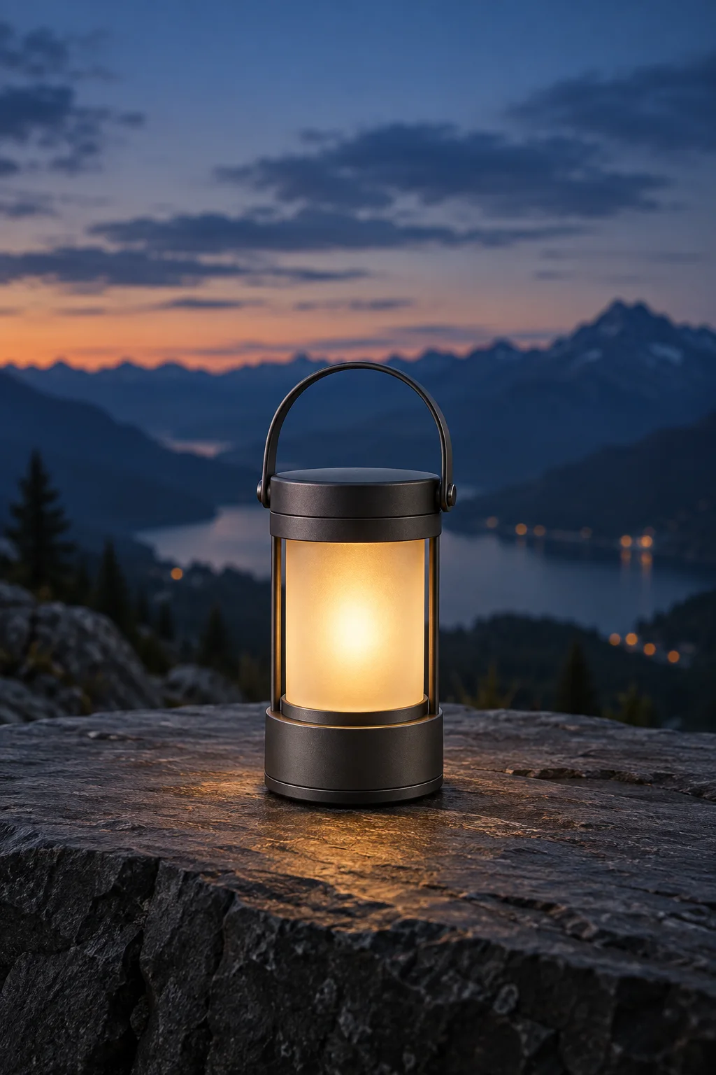 Leuchtende Campingleuchte auf einem Felsen in der Abenddämmerung